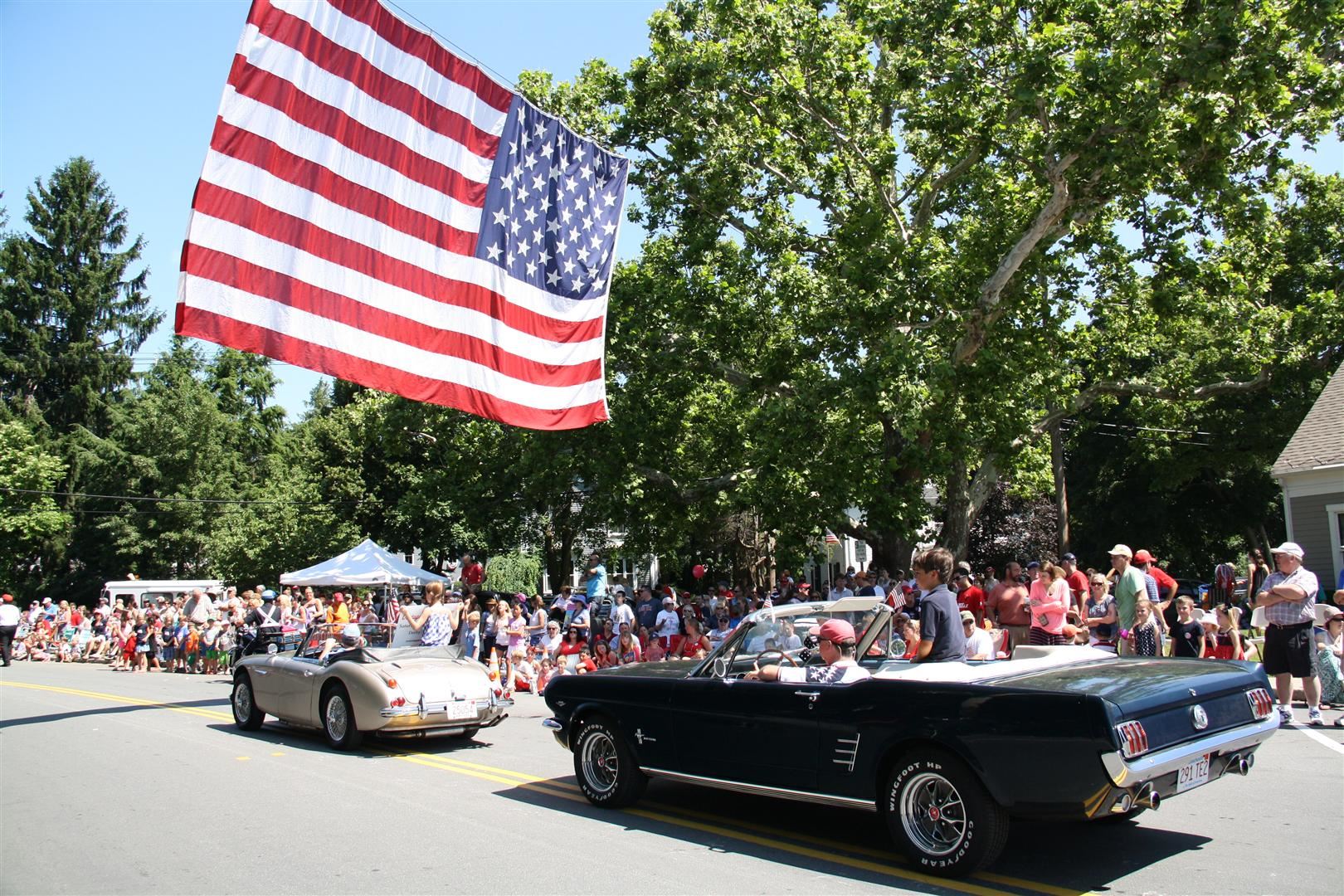 Grand flag over Hingham Center